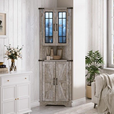 Corner Cabinet with LED Light, Tall Storage Cabinet with Glass Doors