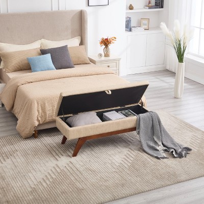 CAVINAS Rectangular Teddy Fabric Storage Ottoman Bench with Solid Wood Feet,Upholstered Storage Ottoman,Storage Benches for Living Room,Bedroom