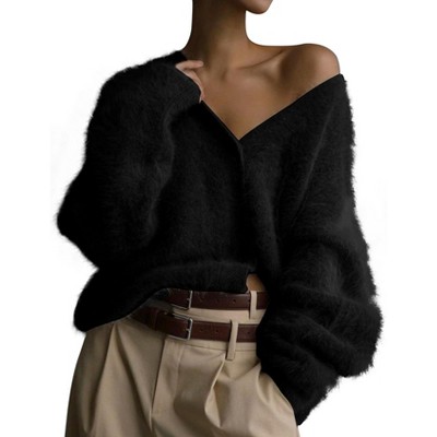 Coolmee Women's Fuzzy Cardigan Sweater V Neck Long Sleeve Button Down Slouchy Furry Knit Sweaters