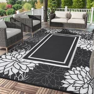 Floral Outdoor Rugs 9x12 Waterproof Reversible Mats, Stain-Resistant Modern Plastic Straw Camping Rugs for Patio, Foldable Outside Carpet for RV - 1 of 4