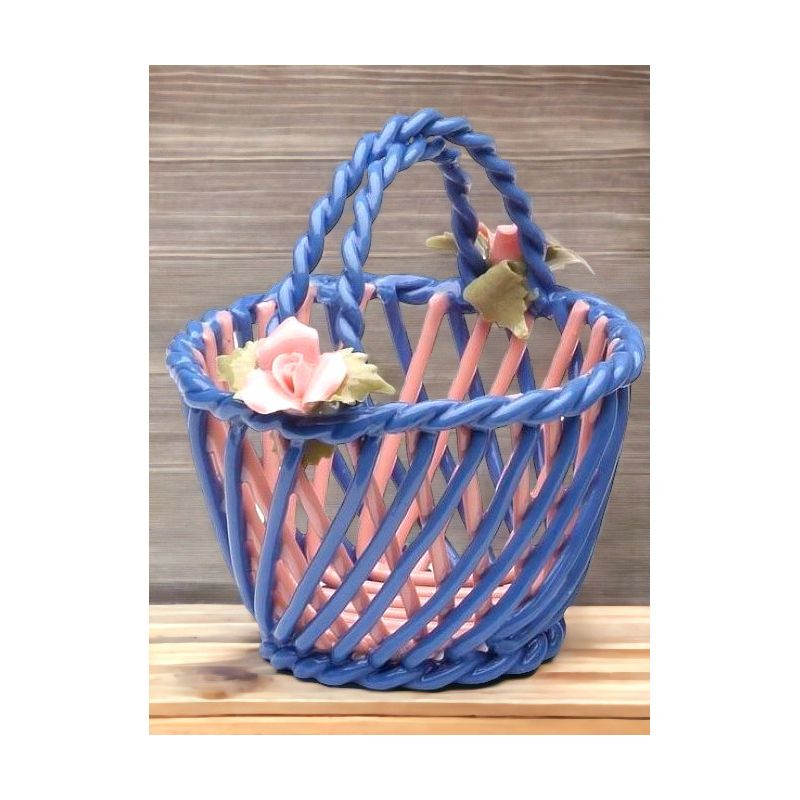Kevins Gift Shoppe Ceramic Small Woven Blue Decorative Basket, 3 of 4
