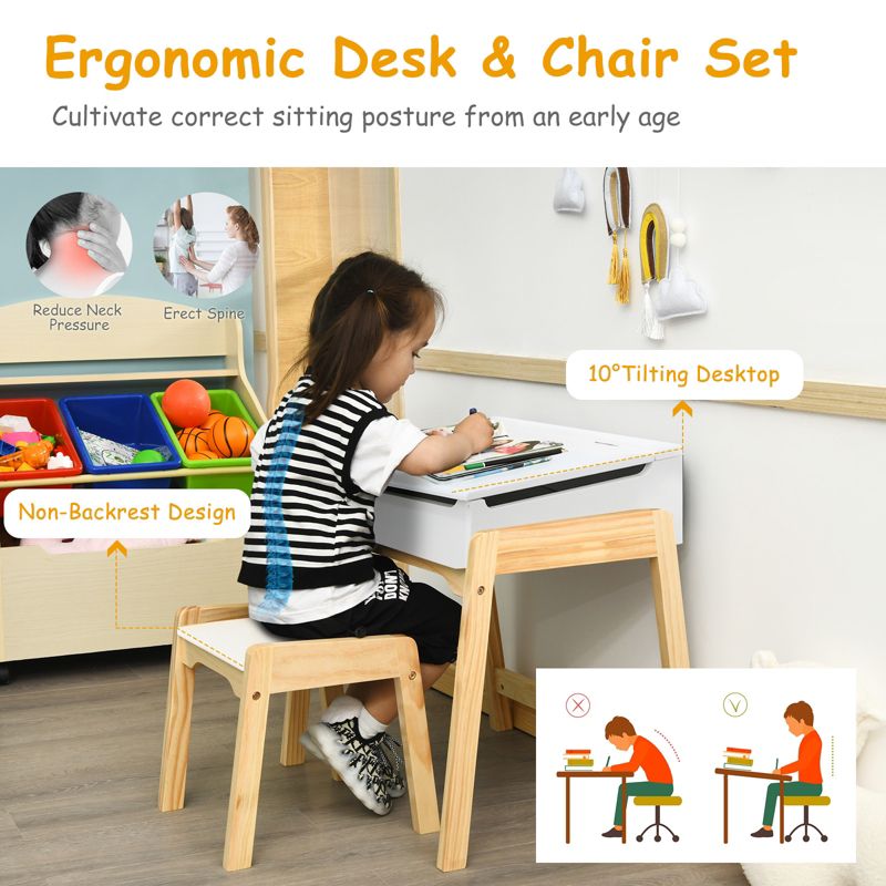 Tangkula Kids Study Table and Chair Set Wooden Activity Art Desk w/Tilted Tabletop Brown/White, 2 of 10