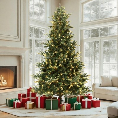 Pre-Lit Artificial Christmas Tree - 800 Warm White Lights, Fire-Resistant Flocked Branches w/Foldable Base for Home/Office