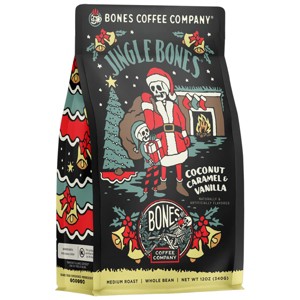 Jingle Bones Caramel Vanilla Coconut Flavor Medium Roast, Ground Coffee, Whole Bean Coffee, K-Cup Coffe Pods, Bones Coffee Company, 12 oz & 12 ct - 1 of 4