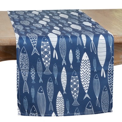 Cotton Table Runner with Fish Print from India - Seaside Splendor