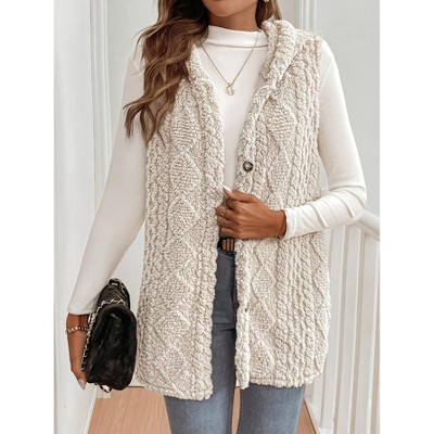 Women's Plush Quilted Vest Hoodie Sleeveless Longline Puffer Gilet with Side Buttons