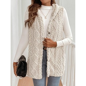 Women's Plush Quilted Vest Hoodie Sleeveless Longline Puffer Gilet with Side Buttons - 1 of 3