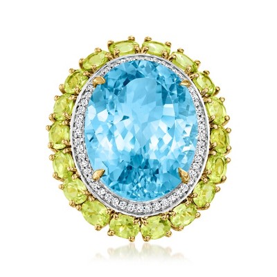 Ross-Simons 20.00 Carat Swiss Blue Topaz Ring With 3.20 ct. t.w. Peridots and .30 ct. t.w. White Topaz in 18kt Gold Over Sterling Size 6