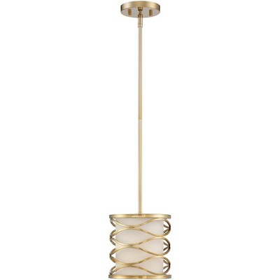 Barnes and Ivy Gold Mini Pendant Light 8" Wide Modern Openwork Wave Frame White Fabric Drum Shade for Kitchen Island Dining Room