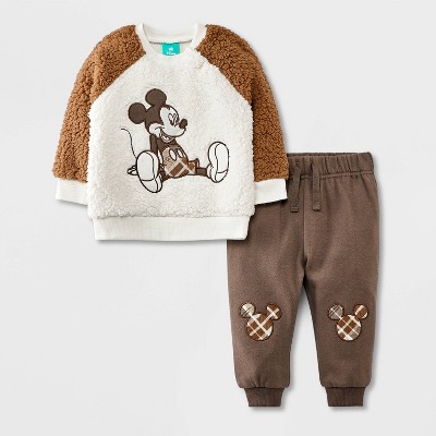Image of Baby Boys' Mickey Faux Shearling Plaid Patch Fleece Set - Brown 0-3M