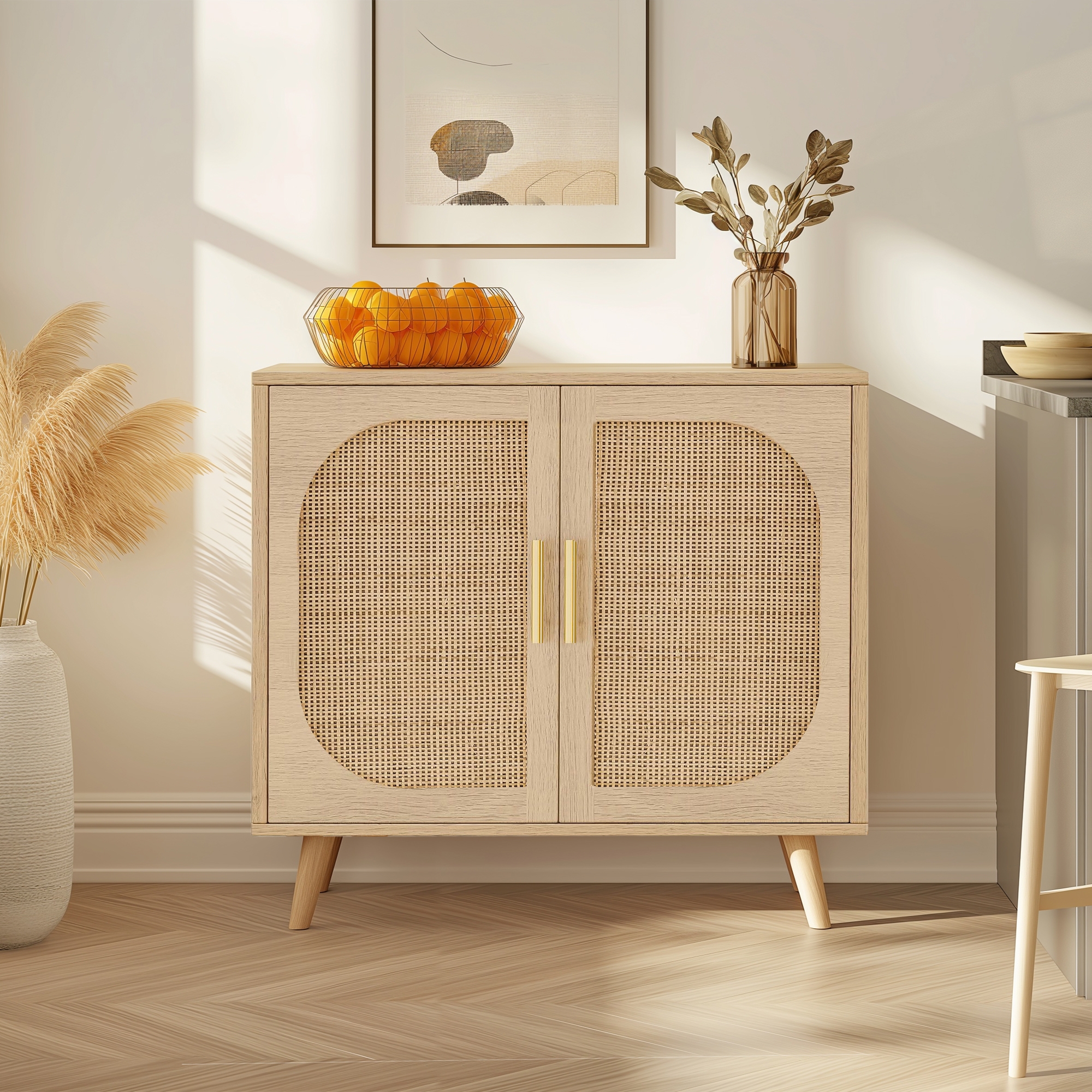31.5"W Elegant Rattan Storage Cabinet with 4 Compartments, 2-Door Buffet Sideboard with Solid Wood Feet, Natural - ModernLuxe