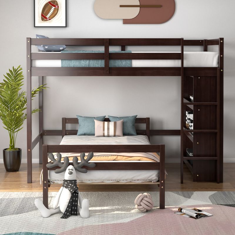 Costway Twin Over Twin Loft Bunk Bed Wood w/Bookcase Guardrail Ladder Kids Bedroom, 3 of 10