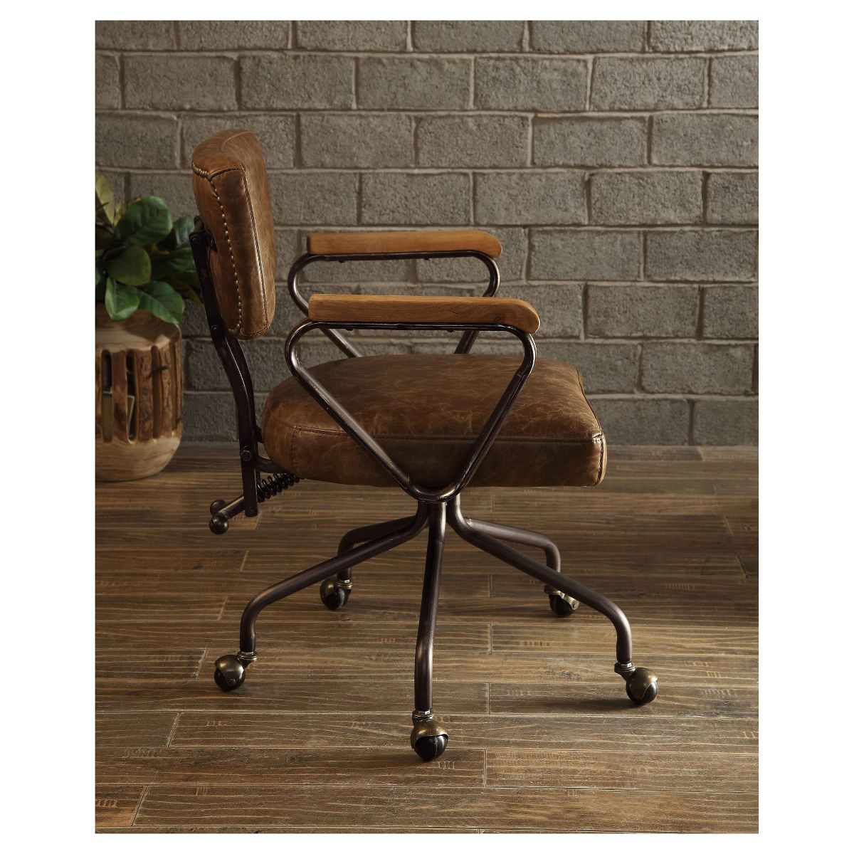 Hallie Task and Office Chairs Ash Brown - Acme Furniture: Faux-Leather, Wood Detail, Fixed Arms - thumbnail 5