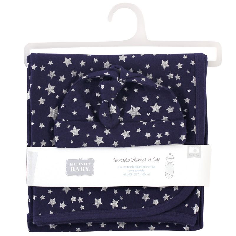 Hudson Baby Infant Swaddle Blanket and Cap or Headband, Silver Navy Stars, One Size, 3 of 4