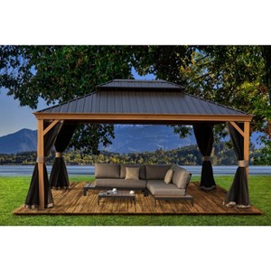 Kozyard Apollo Hardtop Gazebo Wooden Coated Aluminum Frame Canopy with Netting Galvanized Steel Double Roof for Patio Deck Lawn - 1 of 4