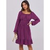 Long Lantern Sleeve Swing Dress with Square Neck & Ruffle Hem, Elastic Waist A-Line Short Dress for Women, Fall Fashion Deep Purple - 2 of 4