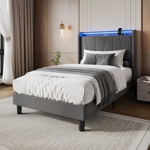 Multifunctional Bed Frame with Charging Station and LED Lights, Upholstered Headboard, 10 Inch Height Platform Bed with Storage Shelves - 1 of 4