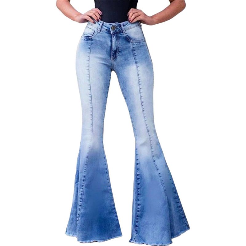 Anna-Kaci Women's Elastic Waist Distressed Flared Long Bell Bottom Denim Jeans, 1 of 5