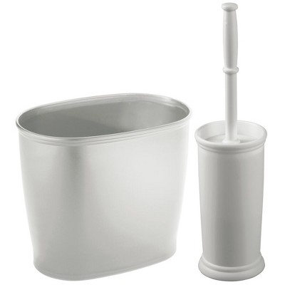 mDesign 2 Piece Plastic Bathroom Trash Can, Toilet Bowl Brush Set - Light Gray