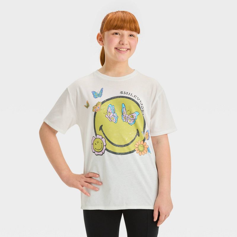 Girls' Short Sleeve Oversized Butterfly Smiley World Graphic T-Shirt - art class™ White, 1 of 7