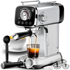 ELJGET Espresso Coffee Maker, 20 Bar Pump Cappuccino Latte Maker with ESE POD Filter & Milk Frother Steam Wand, Silver - 1 of 4