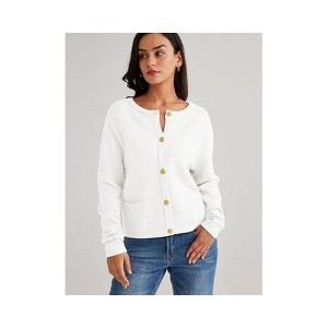 Coolmee Women's Cardigans Sweater Fall Striped Long Sleeve Button Down Crop Open Front Knit Outerwear Deco Pockets - 1 of 3