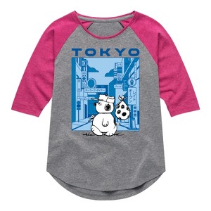 Girls' - Peanuts - Olaf Tokyo Street Shirt Tail Raglan Graphic T-shirt - 1 of 4