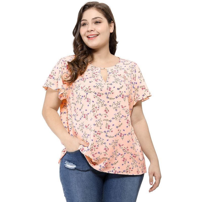 Agnes Orinda Women's Plus Size Keyhole Floral Chiffon Short Flared Sleeve Summer Trendy Peasant Tops, 3 of 9