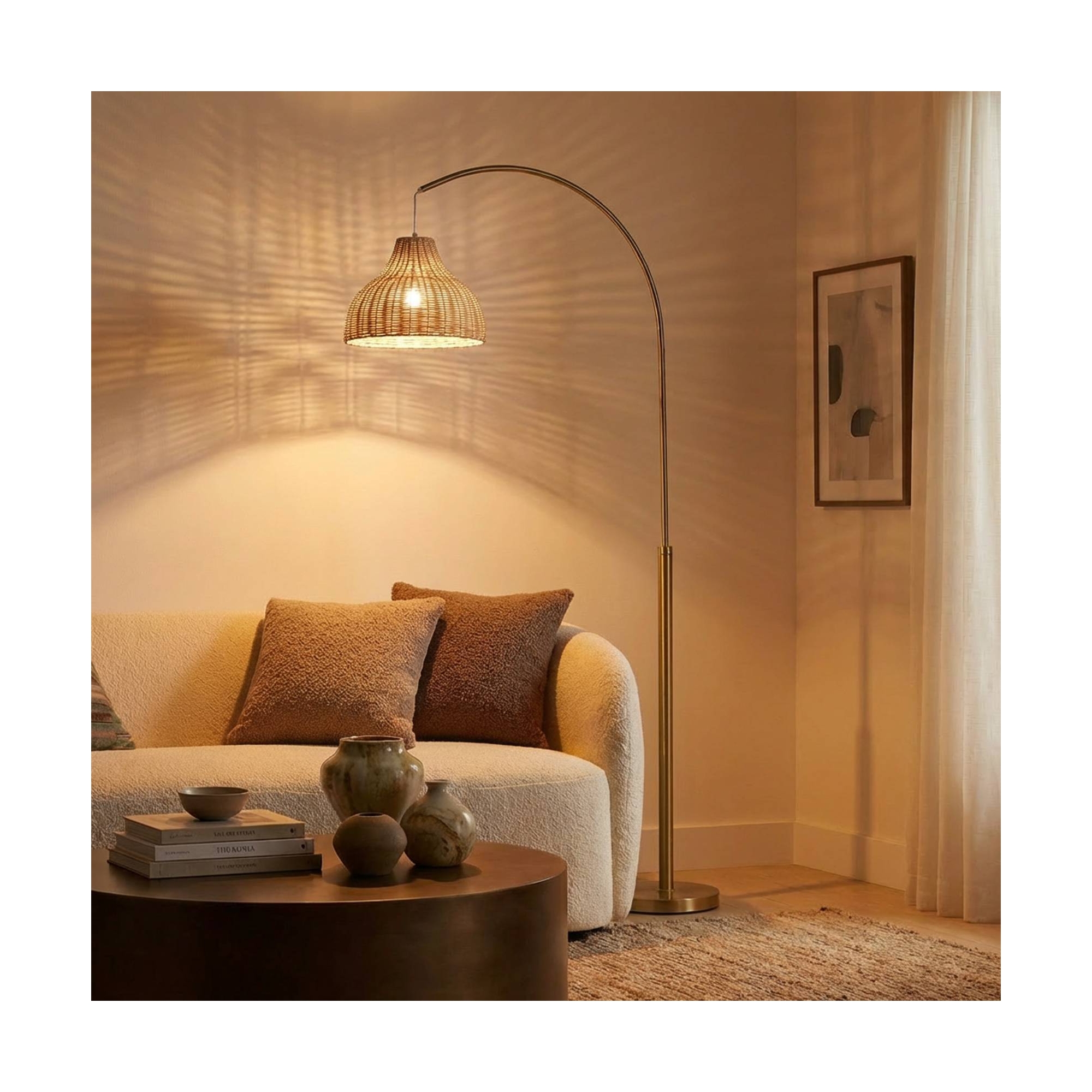Brightech Lark Mid-Century (Includes LED Light Bulb) Arc Floor Lamp Antiqued Brass: Rustic Rattan Shade, 75" Tall