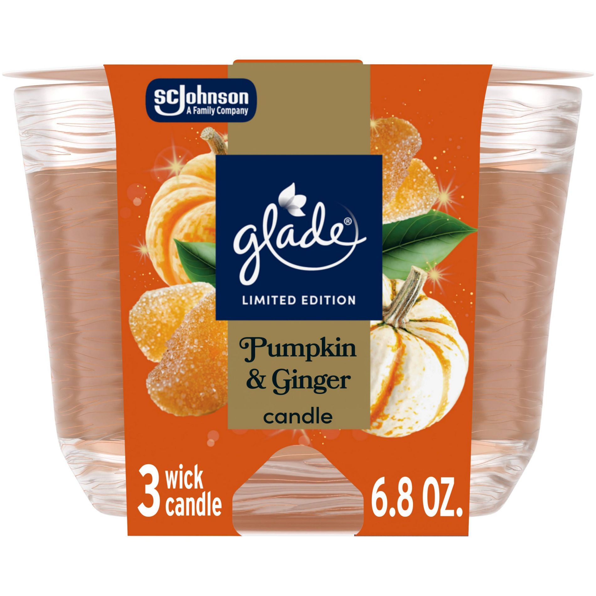 Glade 3 Wick Holiday Scented Christmas Candle for Stocking Stuffers - Pumpkin & Ginger - 6.8oz​