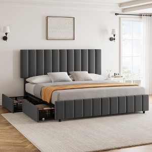 Whizmax Upholstered Bed Frame with 4 Storage Drawers, Adjustable Headboard & Wood Slats, No Box Spring Needed - 1 of 4