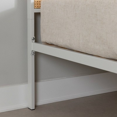 Full White Metal Platform Bed with Natural Cane Headboard