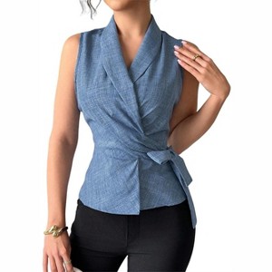 Womens Casual Sleeveless Blazer Vest Top Tie Waist V Neck Elagant Cardigan Vest - 1 of 4