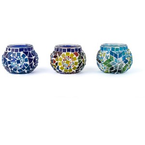 Kafthan 2.4 in. Handmade Blue and Turquoise and Multicolor Mosaic Glass Tealight Candle Holder (Set of 3) - 1 of 4