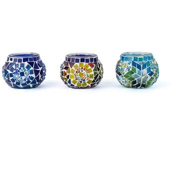Kafthan 2.4 in. Handmade Blue and Turquoise and Multicolor Mosaic Glass Tealight Candle Holder (Set of 3)