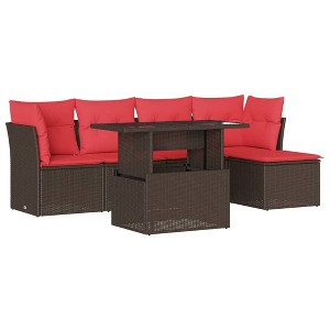 vidaXL 6 Piece Garden Sofa Set with Cushions Poly Rattan - Brown without storage - 1 of 4