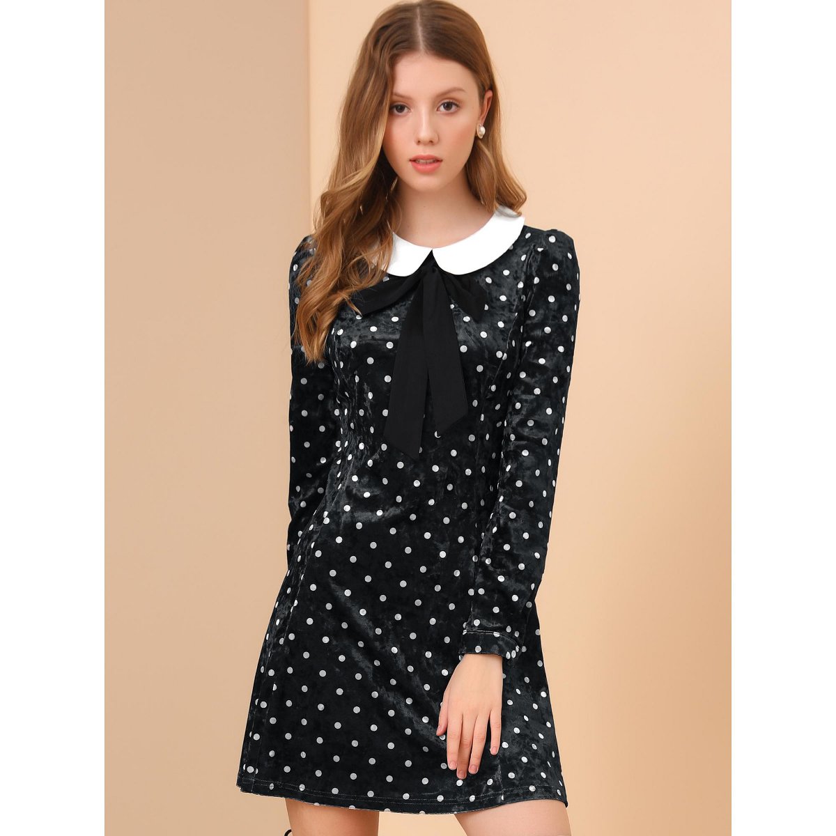 Женские платья INSPIRE CHIC Women's Vintage Polka Dots A-line Peter Pan Collar Cute Velvet Dress Medium Black — фото 2