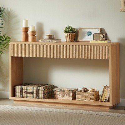 KTMBDW 59" Fluted Console Table with 2 Drawers,Retro Entryway Table with Storage and Shelf,2-Tier Sofa Table Accent Tables for Living Room