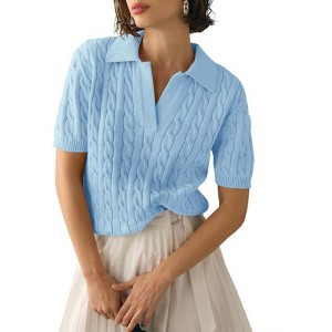 Women's Cable Short Sleeve Sweaters Tops Solid Lapel V Neck Cable Knit Casual Soft Pullover Shirt - 1 of 4