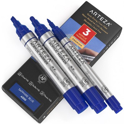 Arteza Acrylic Markers (A500 Sapphire Blue), 2 Big Barrel (chisel+bullet nib) + 1 Small Barrel, Single Color - 3 Pack (A