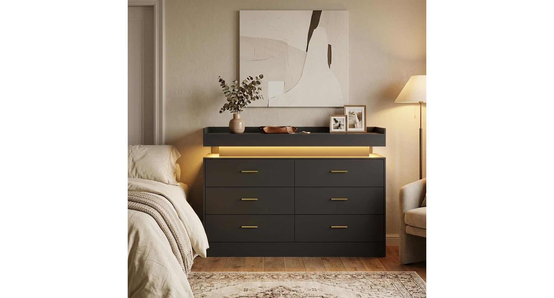 6 Drawer Dresser, Chest of Drawers for Closet with Floating LED Lights & Charging Station, Drawer Cabinet for Bedroom, Living Room, 47.24"w pink