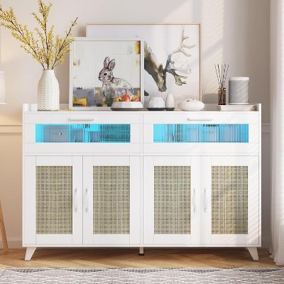 Jojoka 47inch Rustic Sideboard Buffet with Drawers & Doors, Media Console Table with Charging Station and LED Light