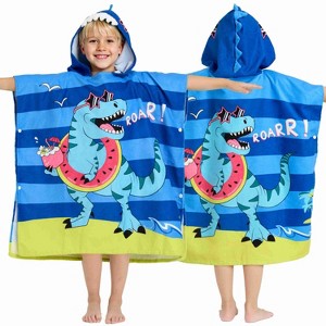 Joyfy Kids Beach Towels with Hood for Boys Quick Dry Blue Dinosaur Hooded Toddler Soft Microfiber 30"x30" Wearable BathTowels for Pool, Travel, Swim - 1 of 4