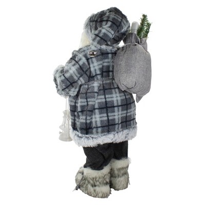 24" Gray Plaid Santa Figurine with Lantern and Faux Fur