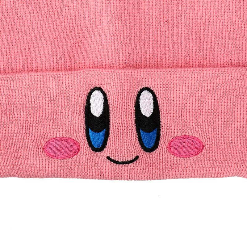 Kirby Smiling Face Pink Cuffed Plain Skull Acrylic  Knitted Embroidered Logo Beanie Hat, 2 of 4