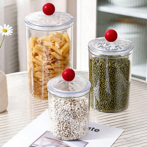 Aeelleea Set of 3 Airtight Food Storage Canisters with Lids, Thickened Clear Leakproof Kitchen Jars, 0.9L, 1.4L, 2L