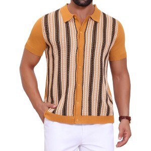 INSPIRE CHIC Men's Striped Knitted Summer Short Sleeves Button Down Jacquard Polo Shirts - 1 of 4