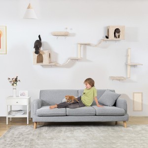 DOMETOUR Wall-mounted Cat Tree with 2 Cat Condos House, 3 Cat Wall Shelves, 2 Ladder, 1 Cat Perch, Sisal Cat Scratching Posts and Pad - 1 of 4