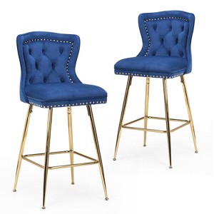 Bencmate Dining Chairs Bar Stools Set of 2, Velvet Counter Height Bar Stools with Metal Legs, Button Tufted, Blue, 17.7"*17.5"*26" - 1 of 4