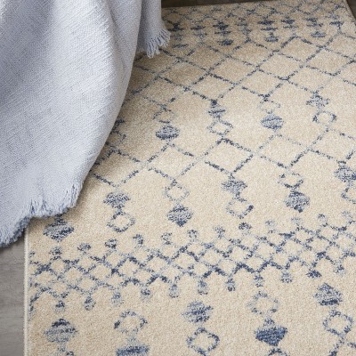 Beige Blue Geometric Synthetic Rectangular Area Rug 2'2" x 3'9"